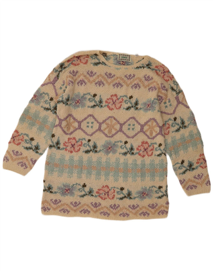 Suéter feminino Express com gola redonda Reino Unido 12 seda floral bege médio
