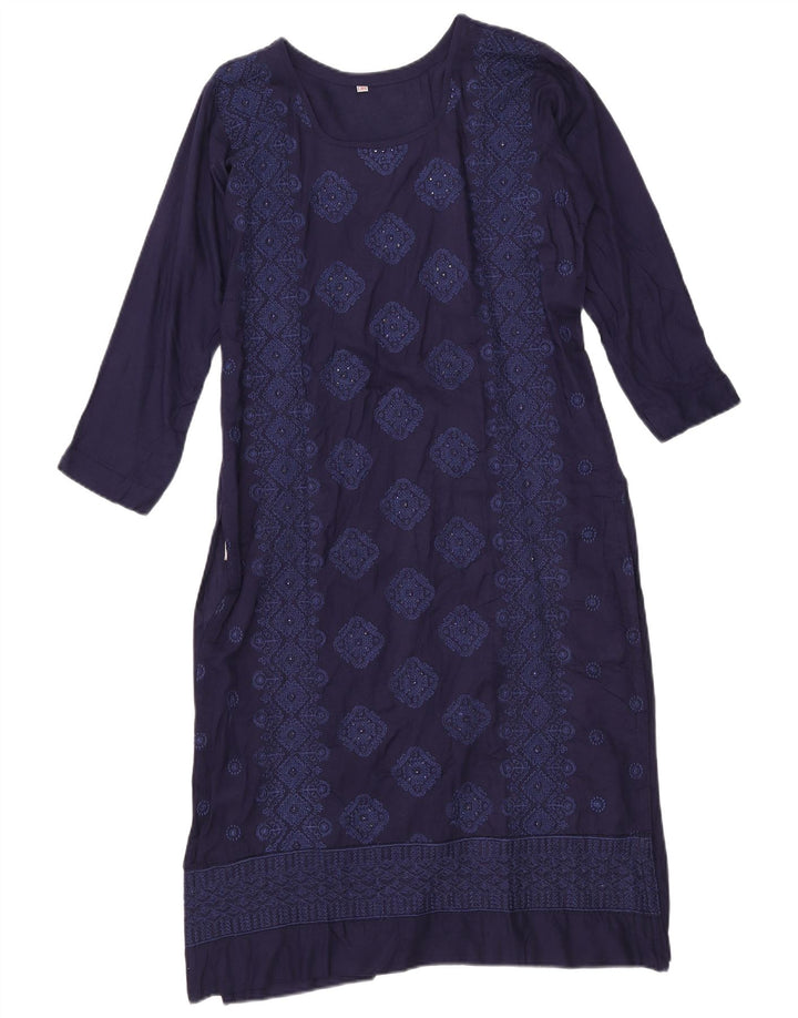 Vestido vintage feminino evasê EU 38 médio azul marinho geométrico