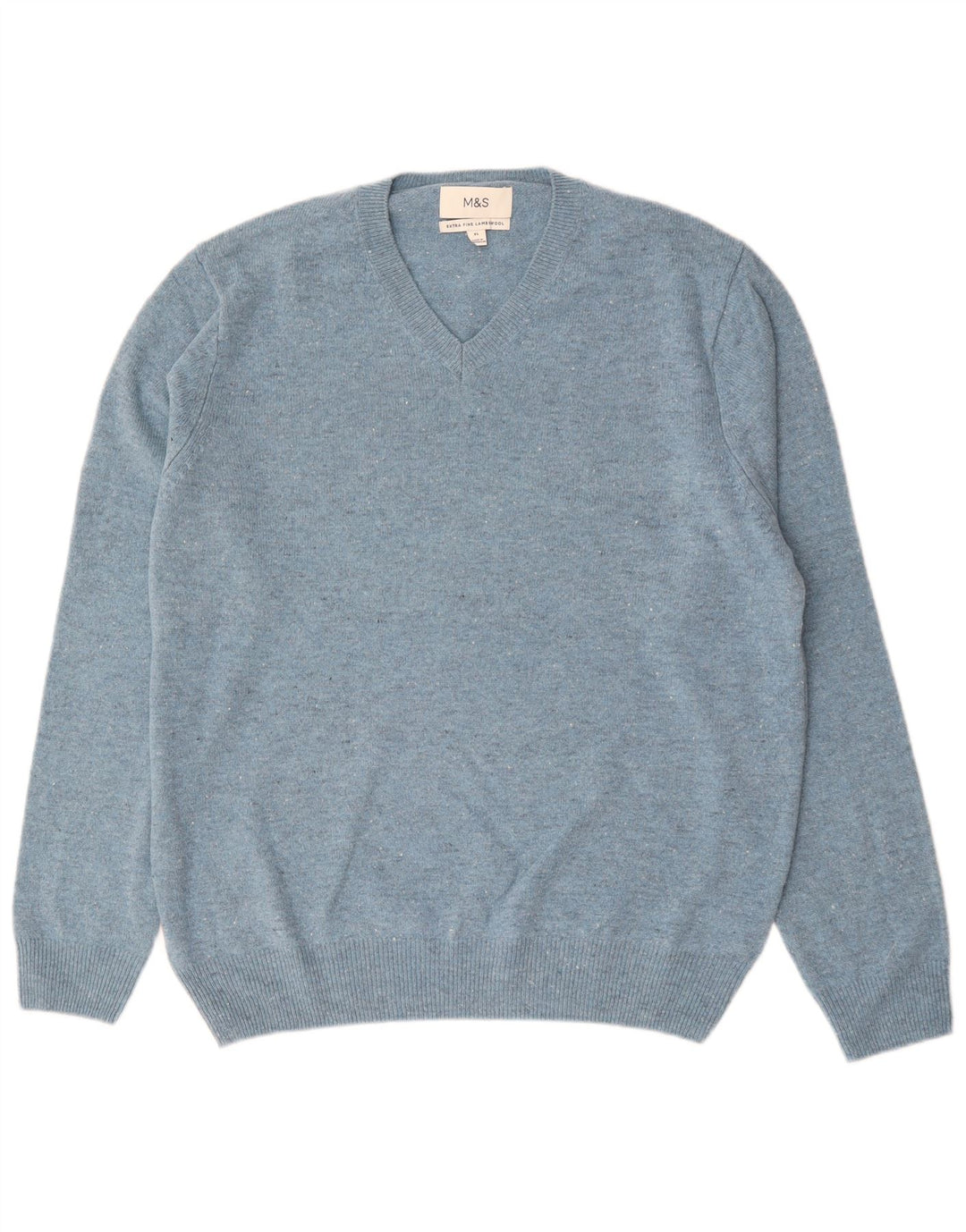 Suéter masculino Marks & Spencer com decote em V XL lã de cordeiro manchada azul