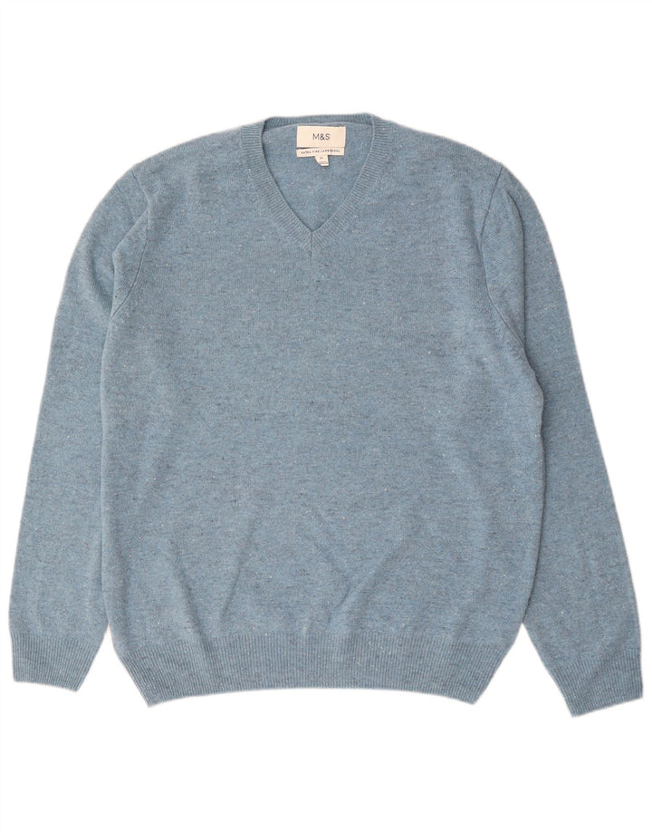 Suéter masculino Marks & Spencer com decote em V XL lã de cordeiro manchada azul