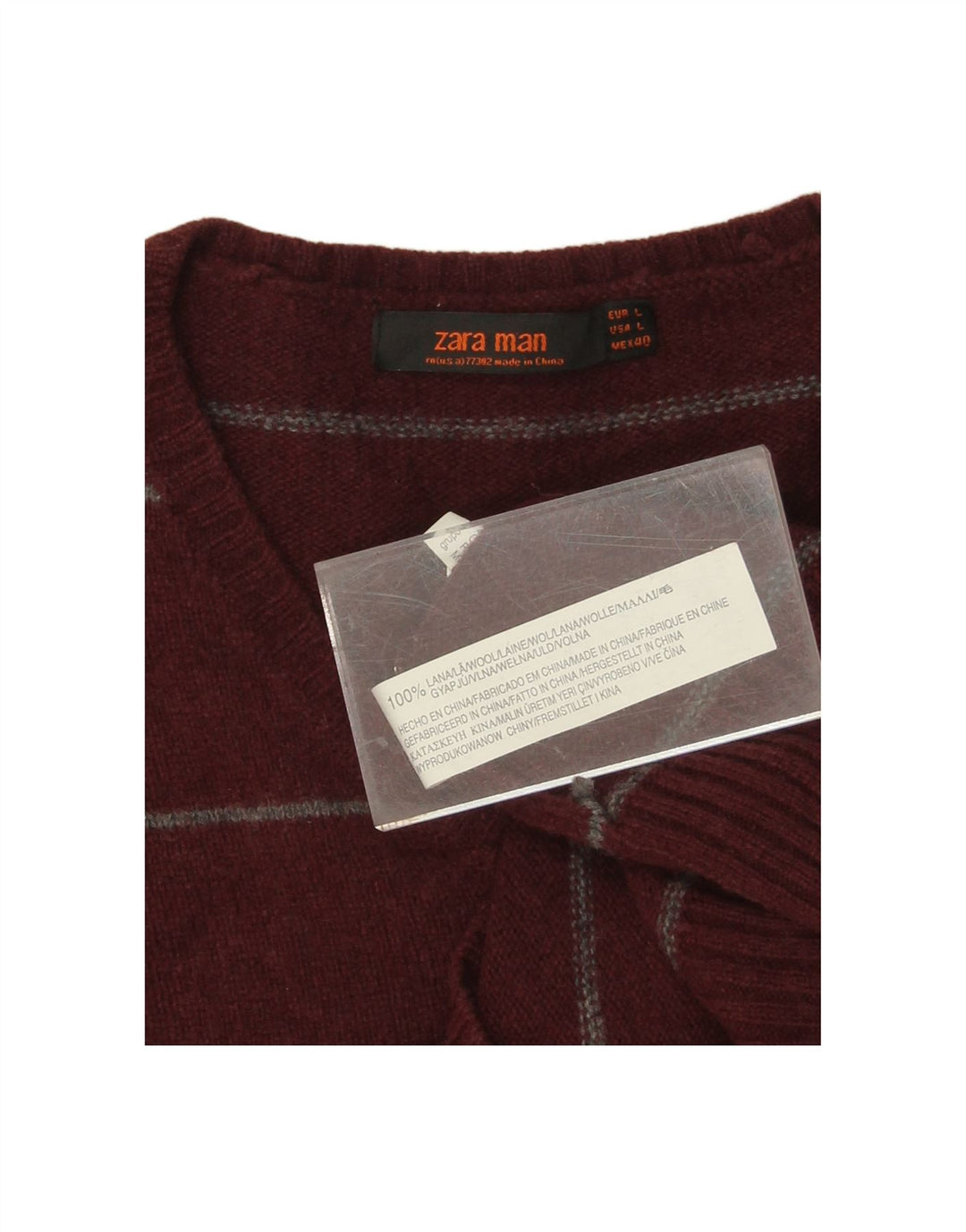 Suéter masculino ZARA com decote em V grande lã listrada cor de vinho
