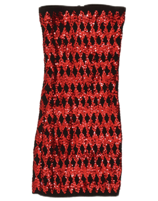 Top feminino vintage sem alças com lantejoulas UK 14 grande vermelho geométrico