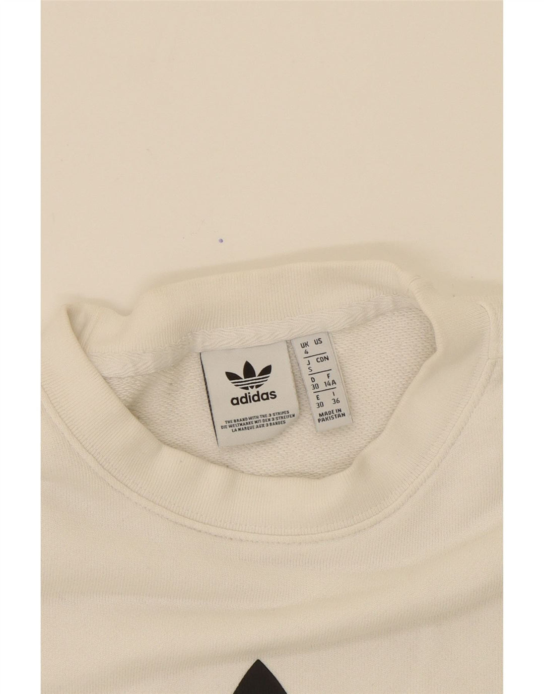 ADIDAS Womens Graphic Oversized Sweatshirt Jumper UK 4 XS White Cotton Vintage Adidas and Second-Hand Adidas from Messina Hembry 