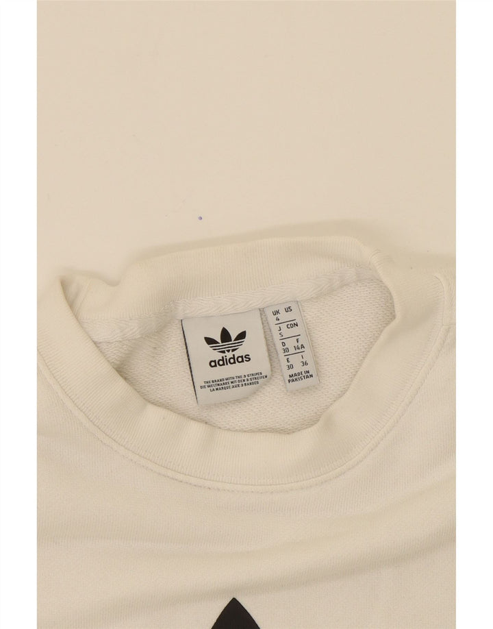 ADIDAS Womens Graphic Oversized Sweatshirt Jumper UK 4 XS White Cotton Vintage Adidas and Second-Hand Adidas from Messina Hembry 