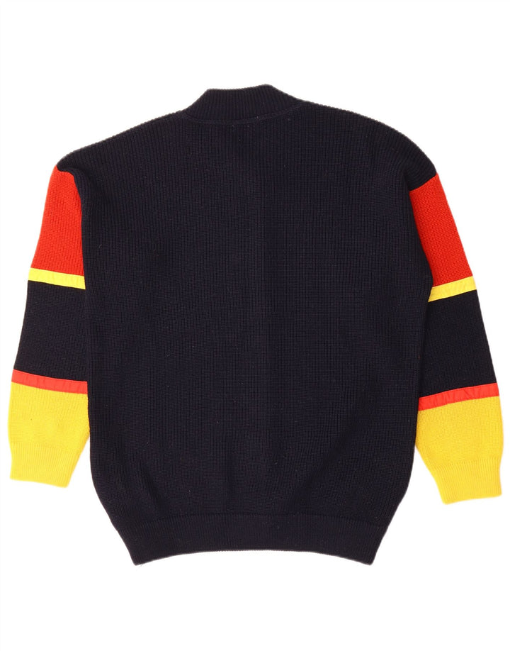 GOOD LUCK Mens Cardigan Sweater IT 50 Medium Navy Blue Colourblock Wool