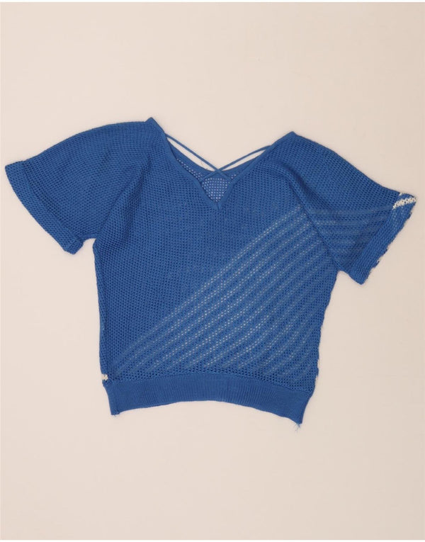 Suéter feminino VINTAGE transparente com gola canoa Reino Unido 14 grande azul