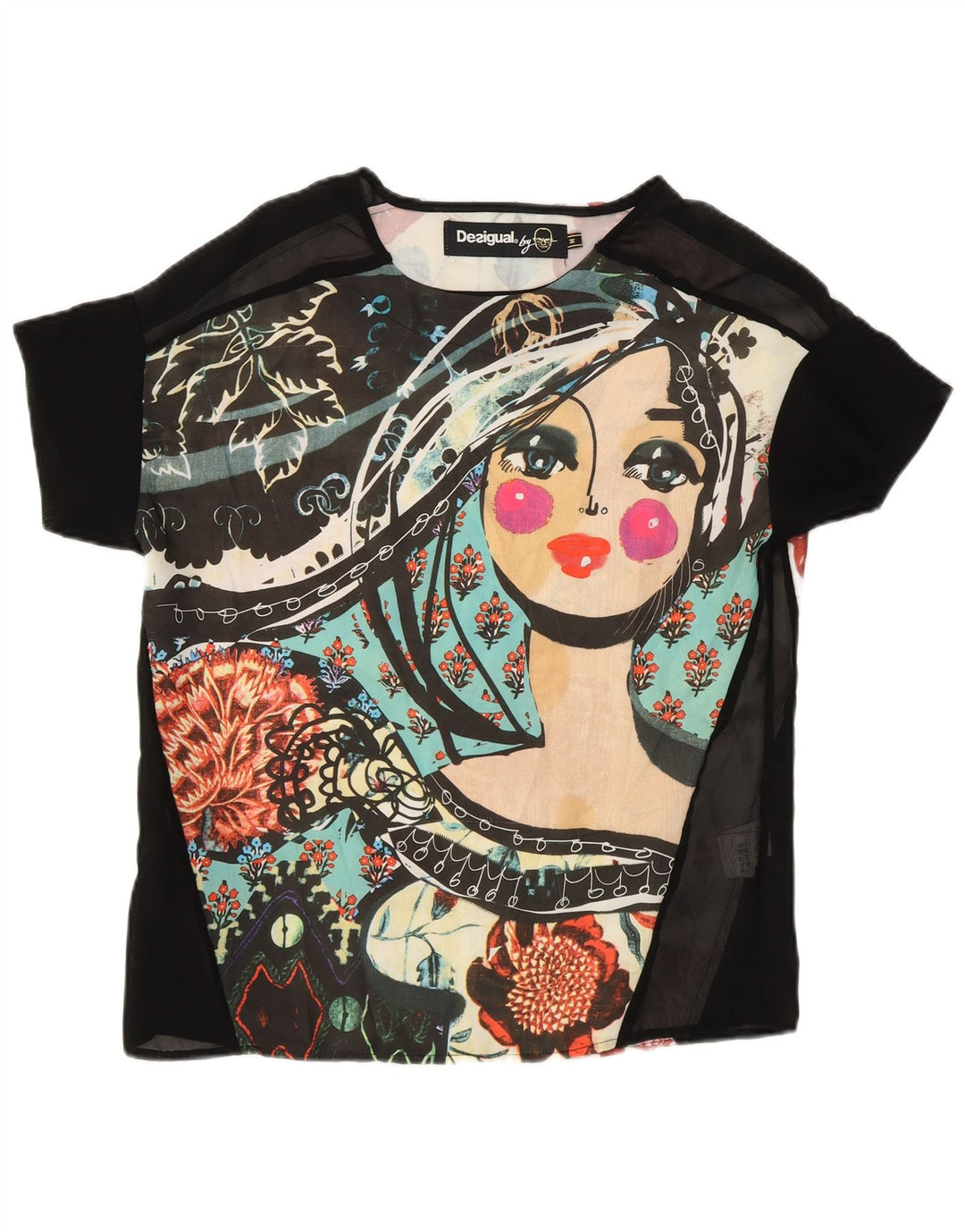 Desigual Camiseta Feminina Transparente Gráfica Top UK 14 Médio Multicolorido