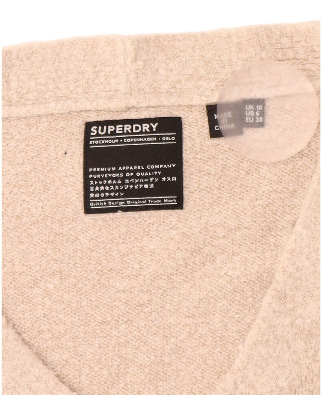 Suéter feminino superdimensionado com decote em V da SUPERDRY Reino Unido 10 pequeno acrílico bege