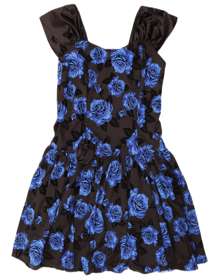 Vestido feminino VINTAGE sem mangas em linha A IT 42 poliéster floral azul médio