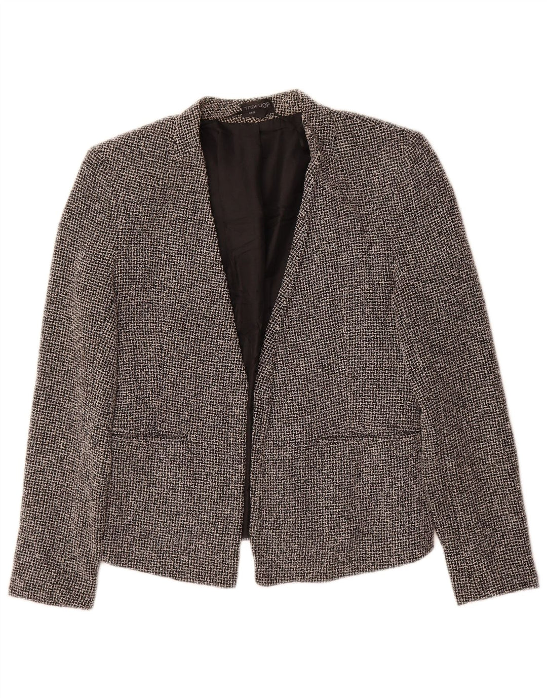 Jaqueta blazer aberta feminina Topshop Reino Unido 10 algodão xadrez preto pequeno