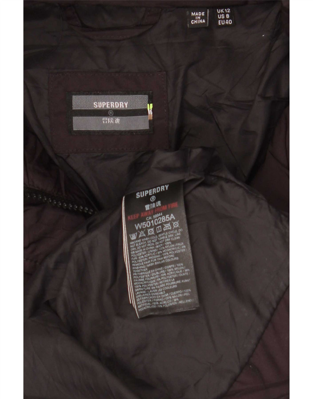 Casaco acolchoado com capuz feminino Superdry UK 12 poliéster médio Borgonha