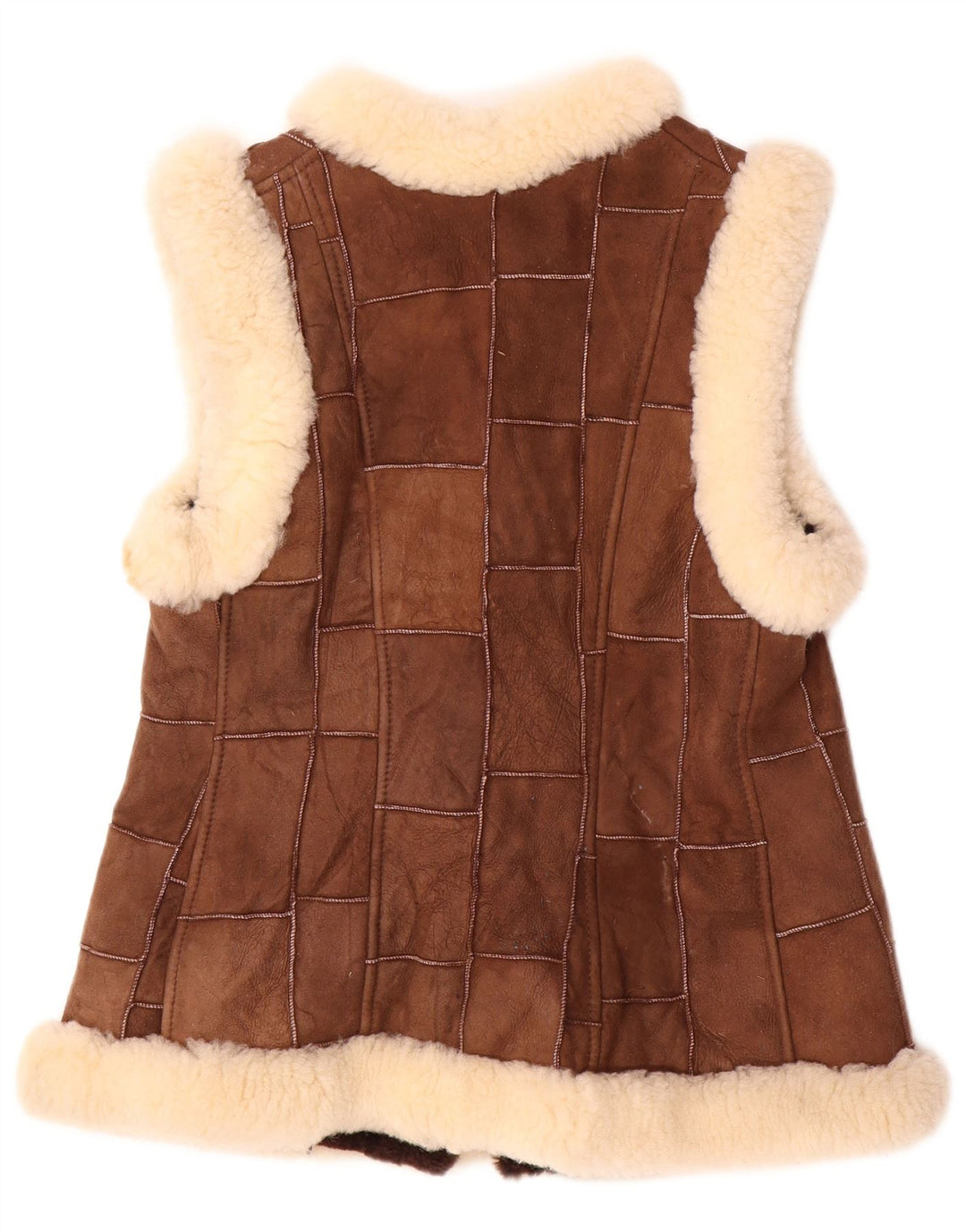 Colete feminino VINTAGE Shearling EU 36 pequeno couro marrom patchwork