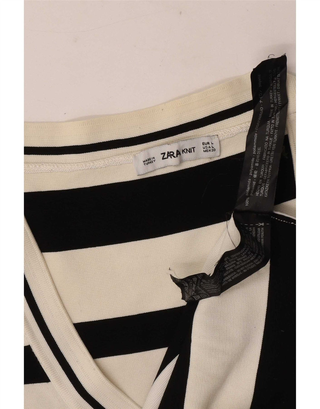 Top feminino Zara manga 3/4 Reino Unido 14 grande listrado branco poliamida
