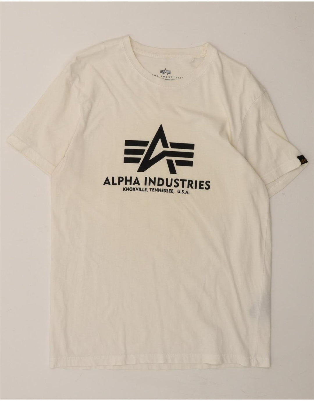 ALPHA INDUSTRIES Mens Graphic T-Shirt Top Medium Off White Cotton Vintage Alpha Industries and Second-Hand Alpha Industries from Messina Hembry 