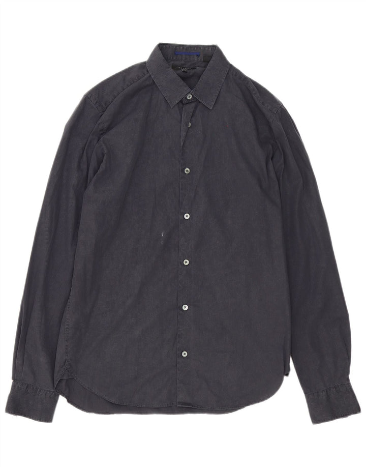 Camisa masculina Ted Baker tamanho 3 algodão listrado cinza médio
