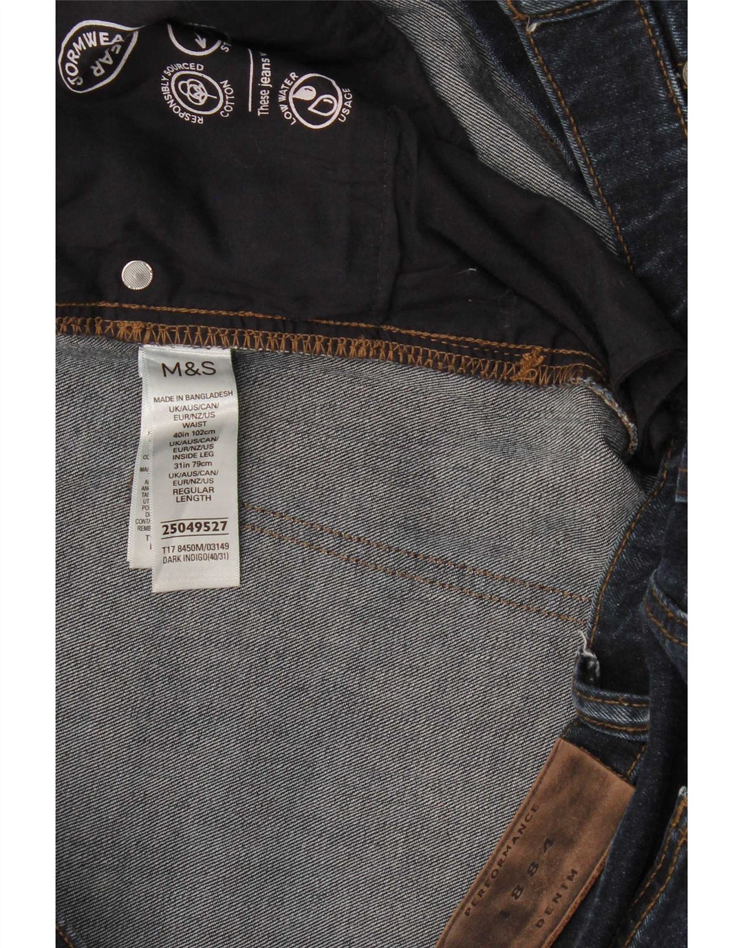 Calça jeans reta regular masculina Marks & Spencer W40 L31 algodão azul marinho