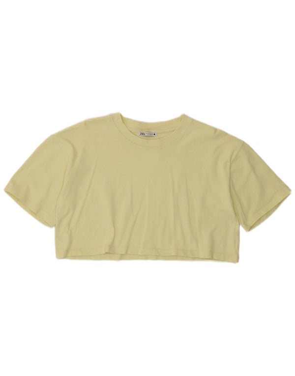 Camiseta feminina Zara manga curta cropped UK 12 algodão amarelo médio