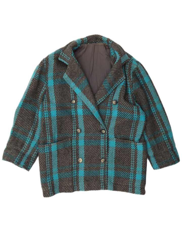 Casaco feminino vintage duplo breasted UK 12 lã xadrez turquesa média