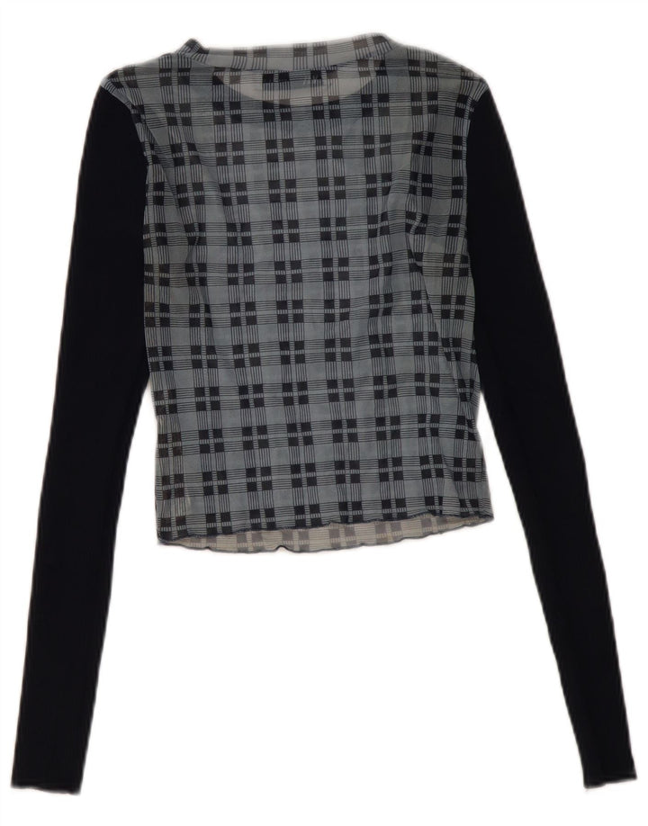 Zara blusa feminina cropped manga comprida top Reino Unido 8 pequena xadrez azul marinho