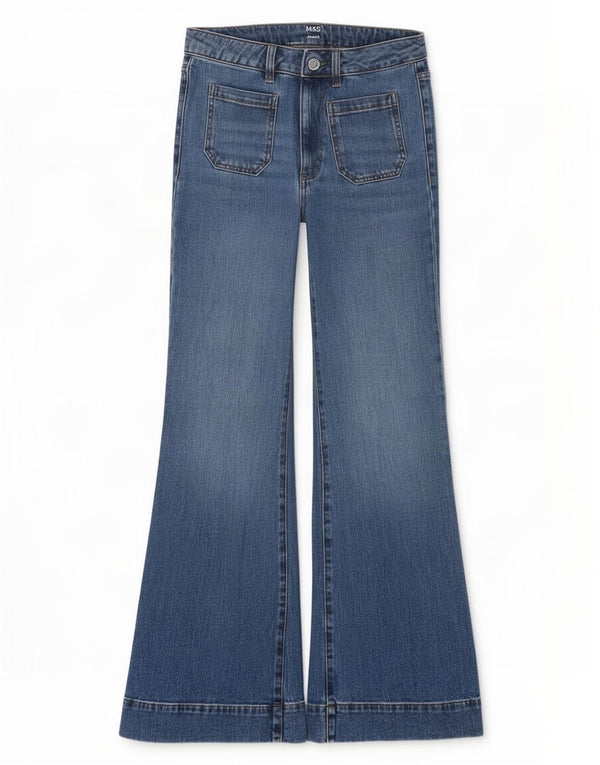 Calça Jeans Marks & Spencer Feminina Cintura Alta Flared UK 10 Pequeno W30 L30 Azul