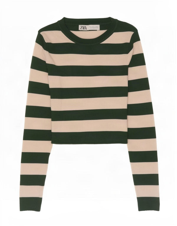 Zara Top curto feminino manga comprida Reino Unido 8 viscose listrada verde pequena