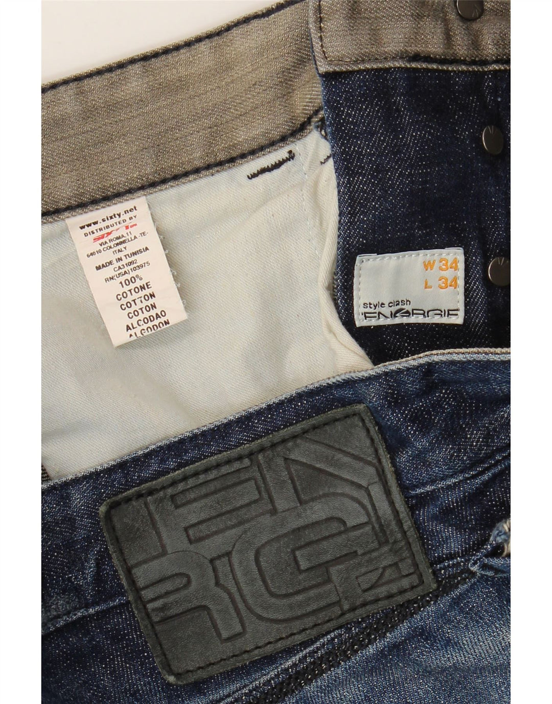 Energie Calça jeans reta masculina desgastada W34 L29 algodão azul