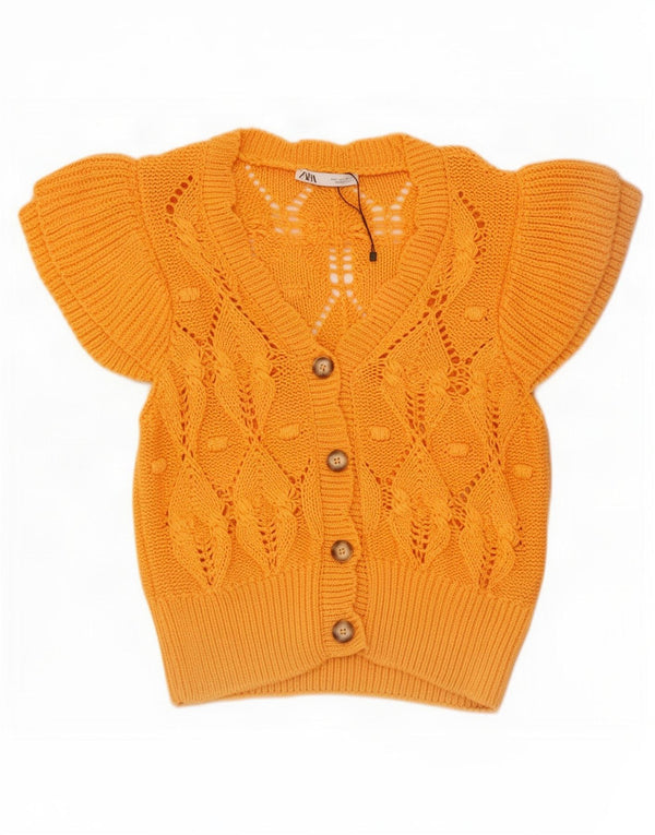 Suéter cardigã feminino de manga curta Zara Reino Unido 14 grande algodão amarelo