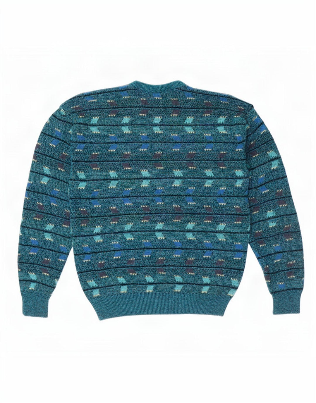Suéter vintage masculino com gola redonda, azul médio geométrico
