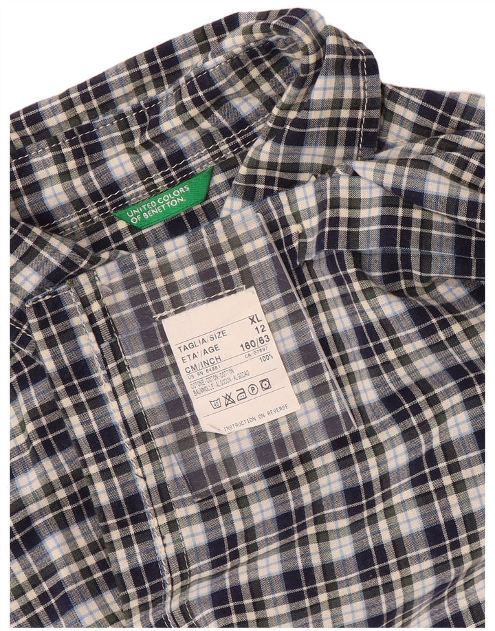 Camisa de manga curta masculina BENETTON 11-12 anos XL azul marinho xadrez algodão