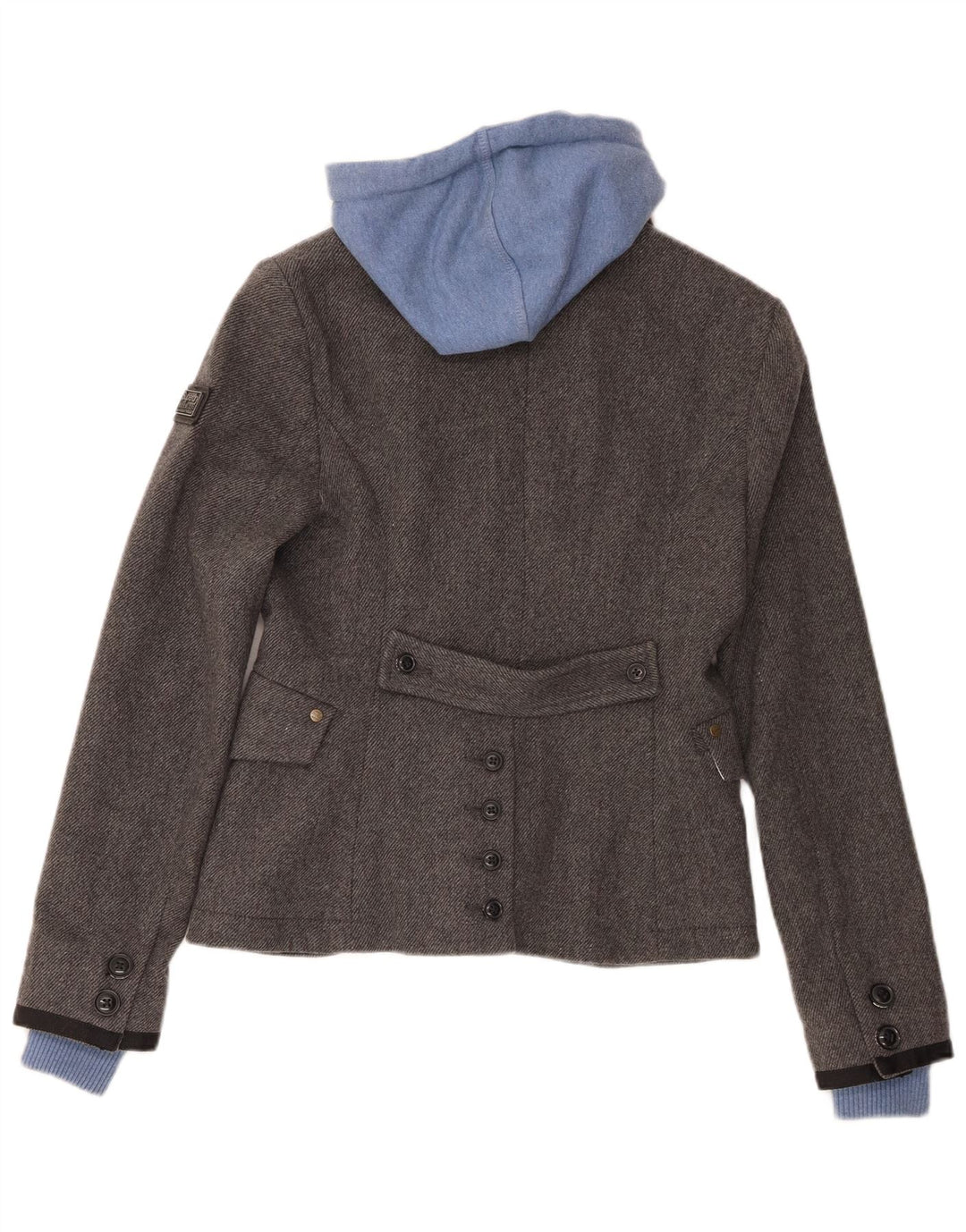 Jaqueta blazer feminina Superdry com capuz de 2 botões Reino Unido 10 pequena lã cinza