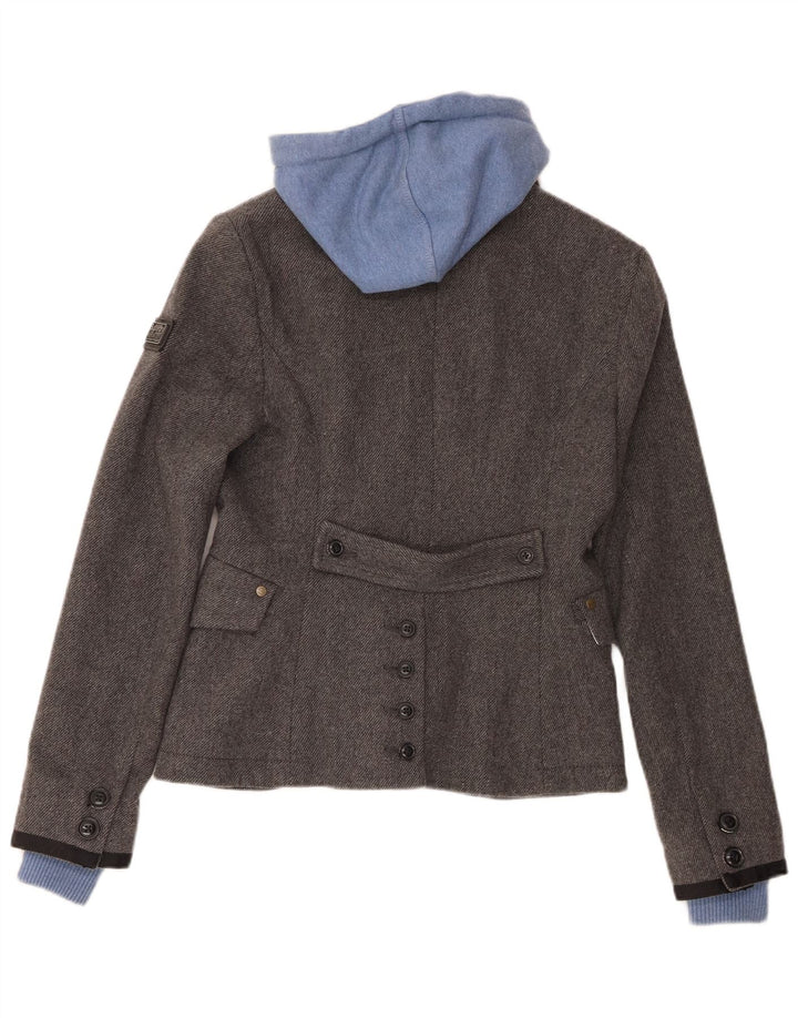 Jaqueta blazer feminina Superdry com capuz de 2 botões Reino Unido 10 pequena lã cinza