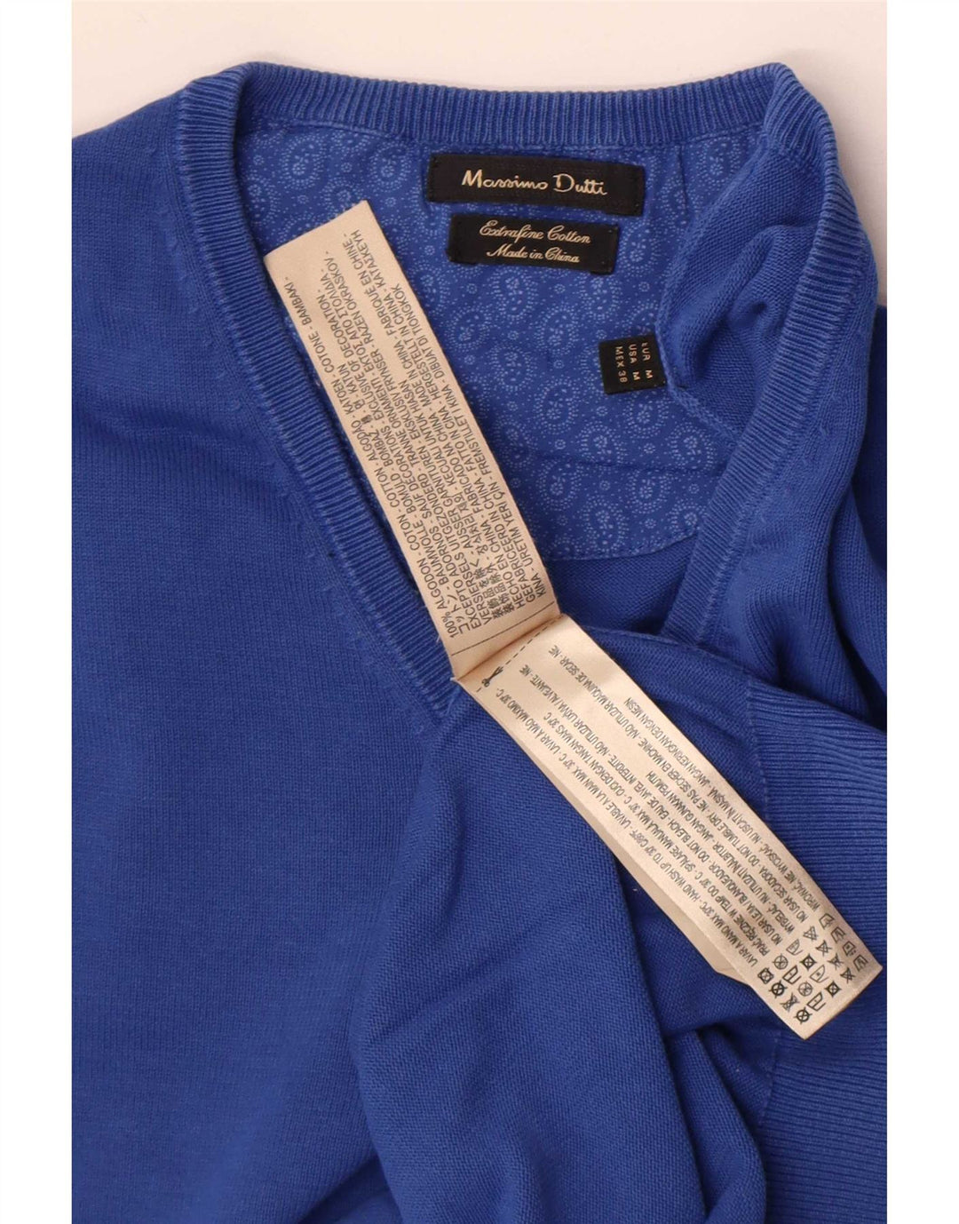 Suéter masculino Massimo Dutti com decote em V de algodão azul médio