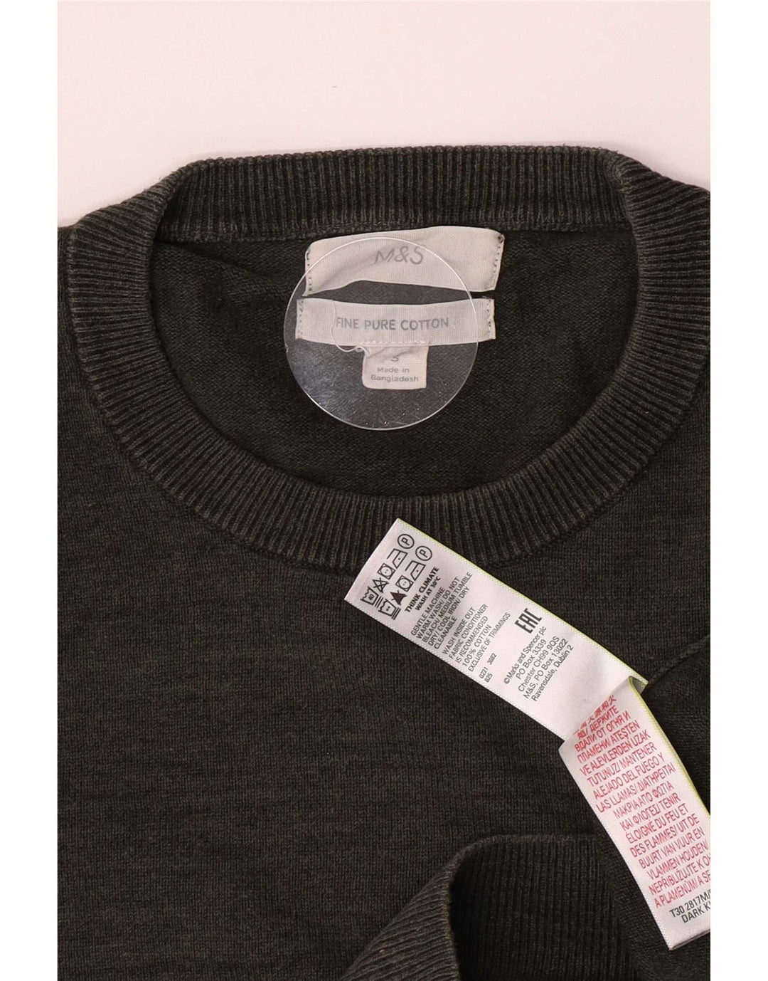 Suéter masculino Marks & Spencer com gola redonda, pequeno algodão manchado cáqui