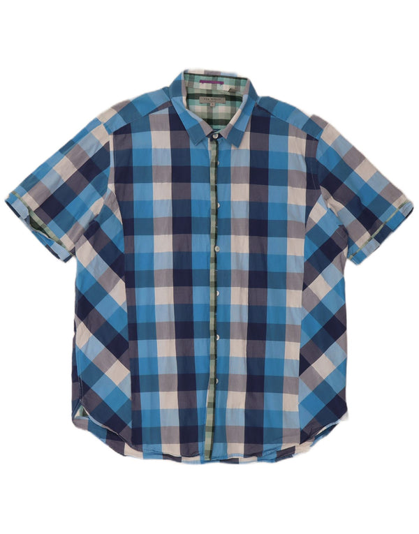Camisa masculina de manga curta Ted Baker tamanho 6 2XL algodão xadrez azul