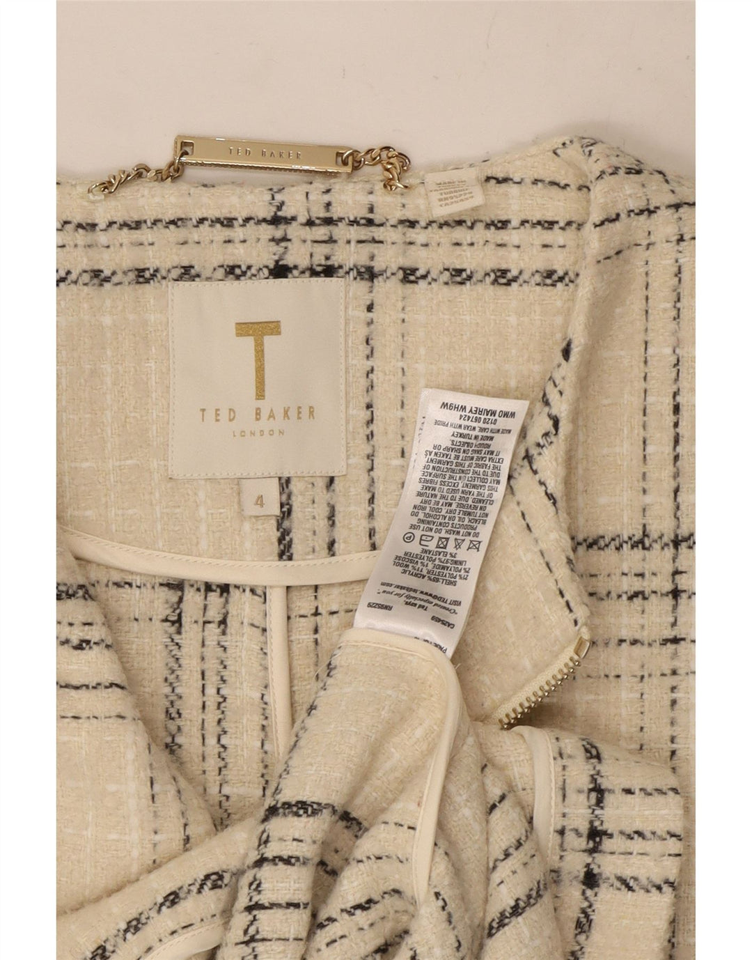 Sobretudo feminino Ted Baker tamanho 4 grande acrílico xadrez branco