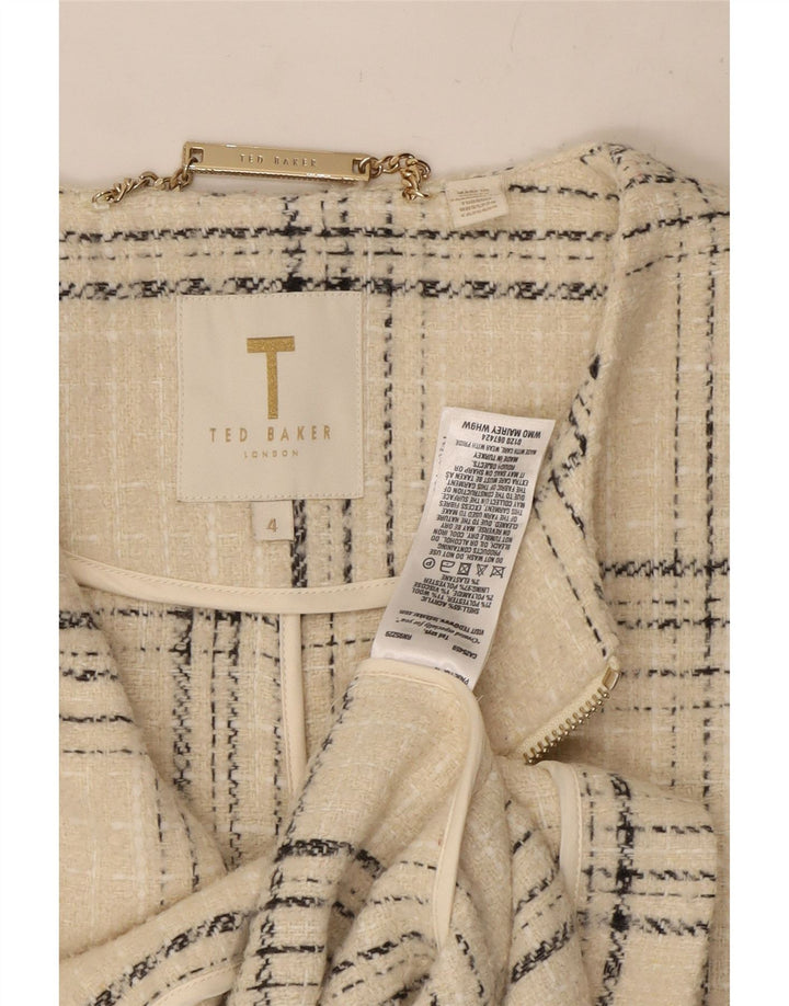 Sobretudo feminino Ted Baker tamanho 4 grande acrílico xadrez branco