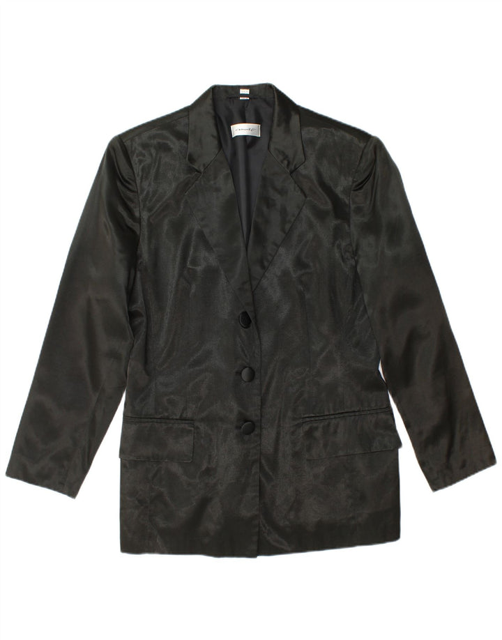 Jaqueta blazer feminina VINTAGE com 3 botões Reino Unido 12 viscose preta média