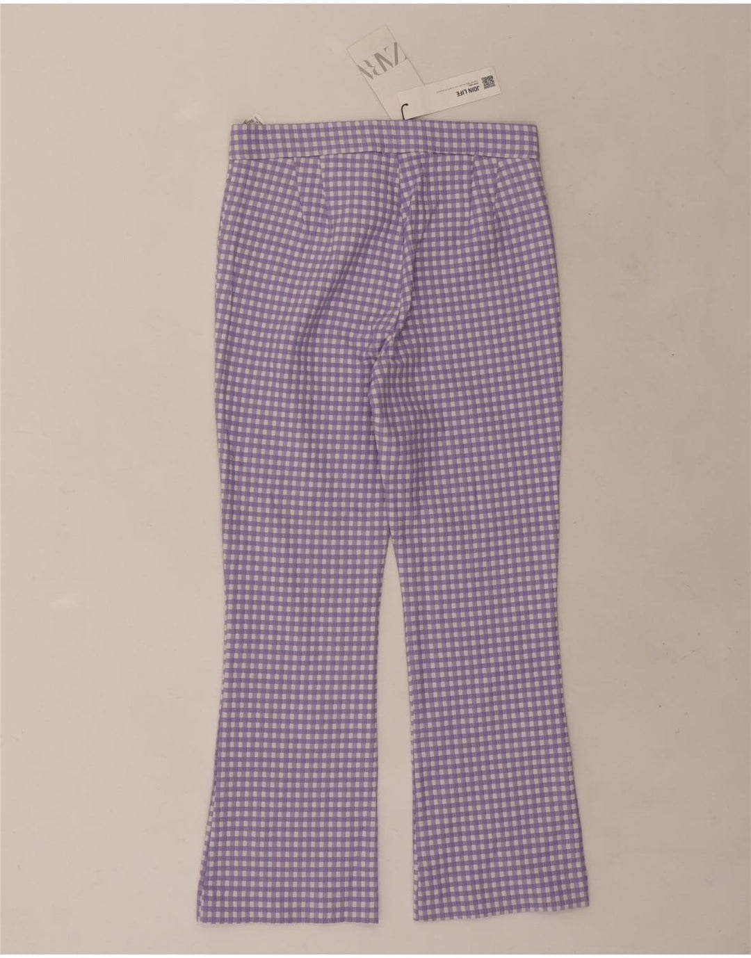 Calça feminina Zara Bootcut cortada média W28 L25 roxo guingão