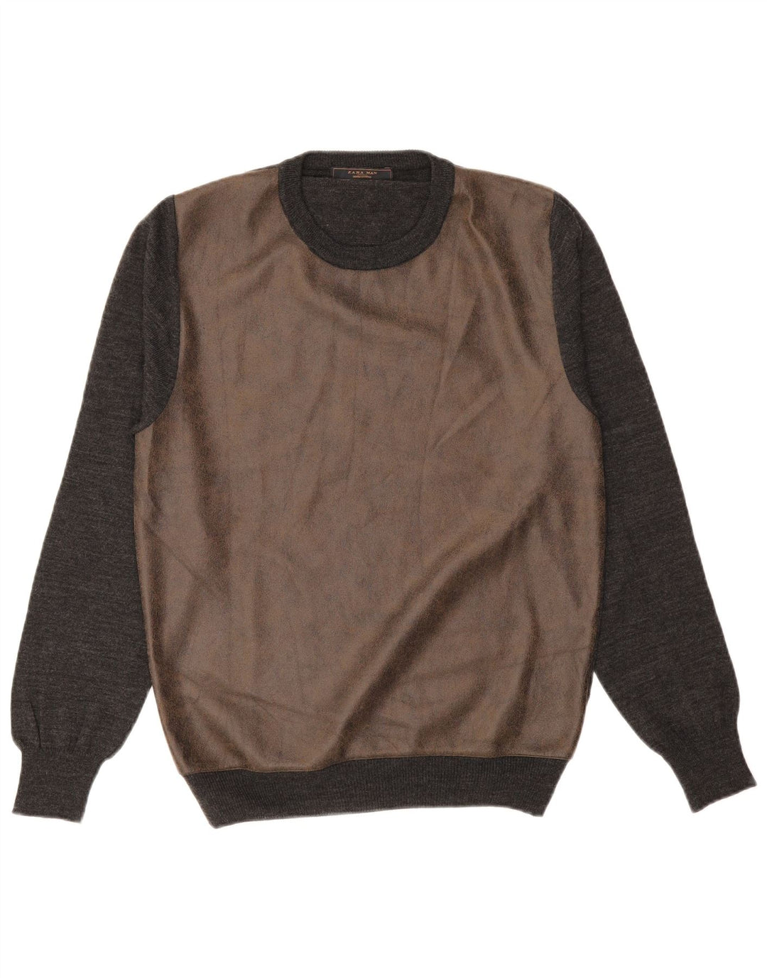 Suéter masculino ZARA com gola redonda e acrílico grande em bloco colorido cinza