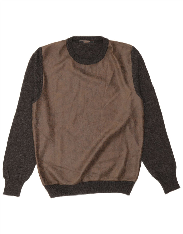 Suéter masculino ZARA com gola redonda e acrílico grande em bloco colorido cinza