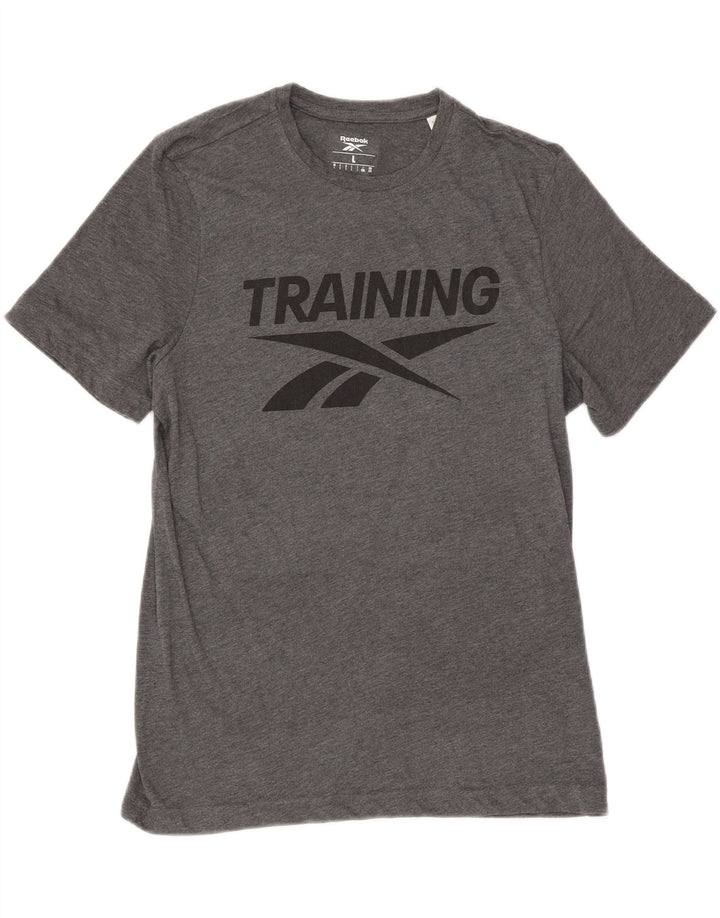 Camiseta masculina Reebok Regular Fit Graphic Top grande poliéster manchado cinza