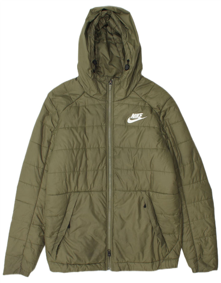 Jaqueta acolchoada com capuz masculina Nike UK 38 poliéster cáqui médio