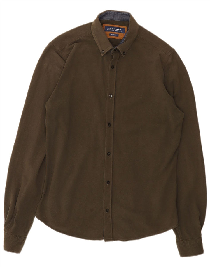 Camisa masculina Zara Slim Fit pequena cáqui