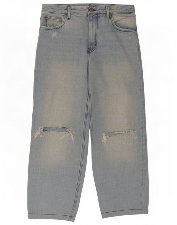 Zara Jeans feminino cintura alta desgastado solto UE 38 pequeno W28 L26 azul