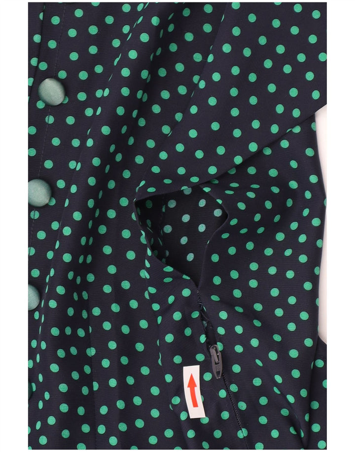 Vestido vintage feminino evasê UK 10 pequeno azul marinho bolinhas