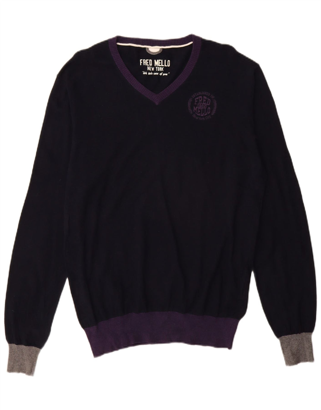 Fred Mello Suéter masculino com decote em V grande algodão colorblock azul marinho