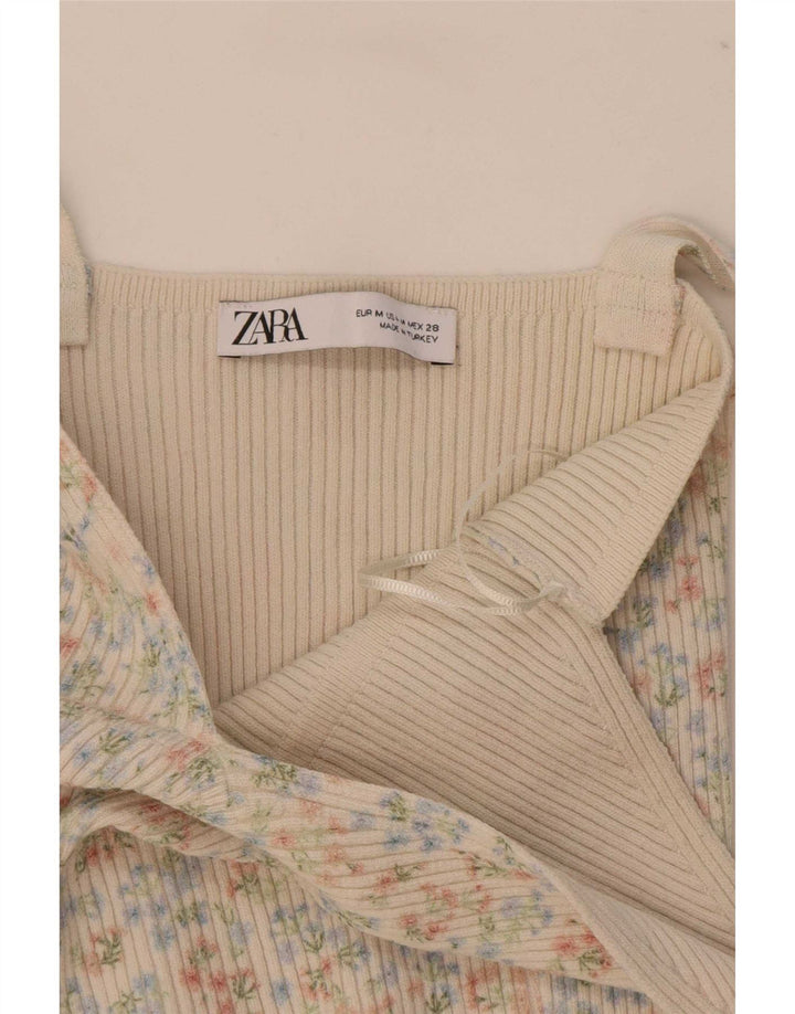 Zara Womens Crop Cami Top UK 12 Médio Off White Floral Poliamida