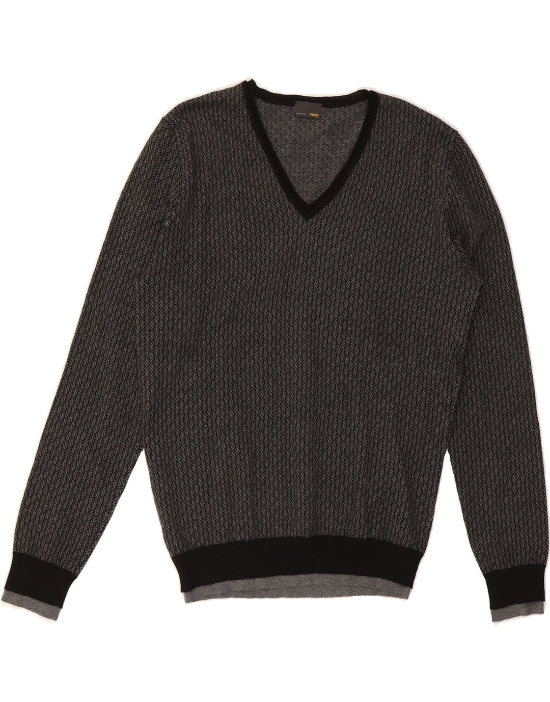 FENDI Mens V-Neck Jumper Sweater Medium Grey Geometric Merino Wool Vintage Fendi and Second-Hand Fendi from Messina Hembry 