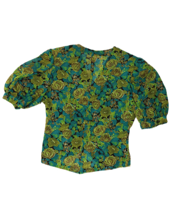 Blusa feminina vintage de manga curta UK 8 pequena floral verde