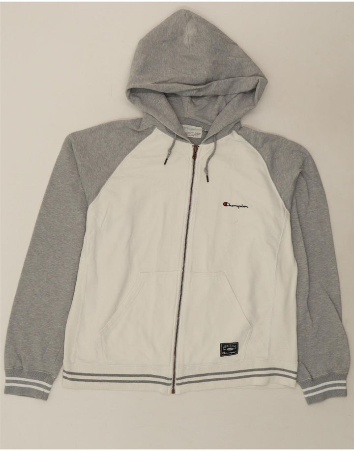 CHAMPION Mens Zip Hoodie Sweater XL White Colourblock Cotton Vintage Champion and Second-Hand Champion from Messina Hembry 
